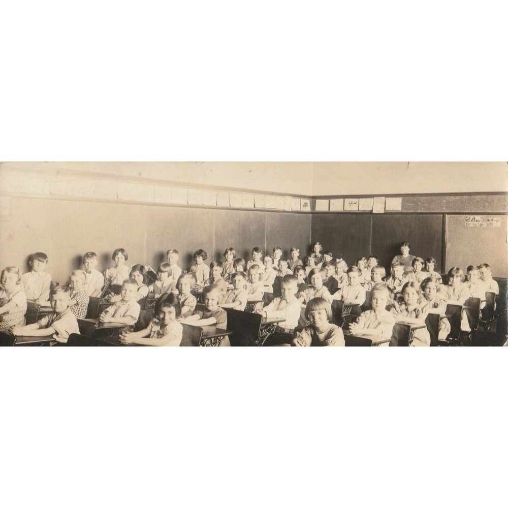 Antique Class Photo Elementary Age Kids with Teacher Sepia Tone Rare 1900s